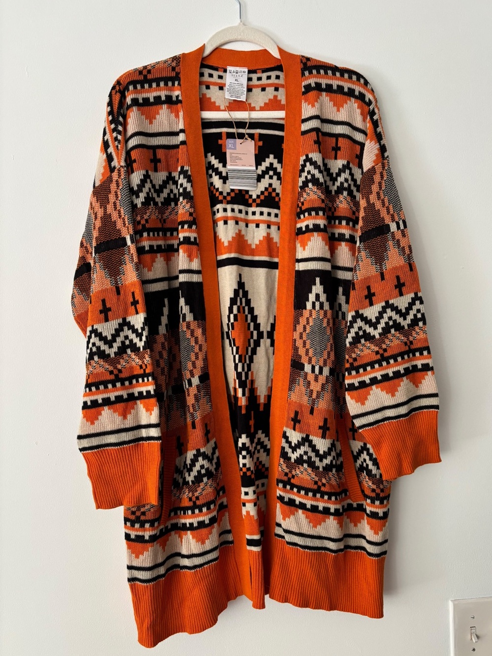 Serra Womens XL Orange Black Southwestern Aztec Long Open Front Cardigan NWT